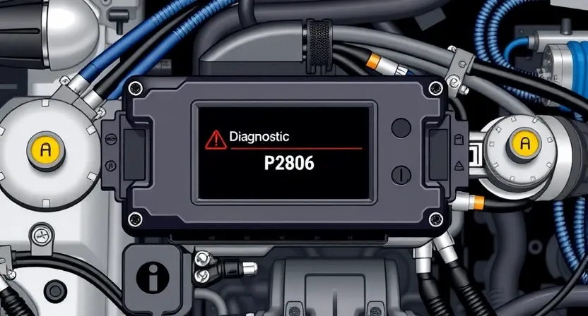 A detailed illustration of an automotive engine control unit (ECU) with various sensors and wiring. Focus on the diagnostic interface displaying an error code P2806. The background should be a clean, technical environment.