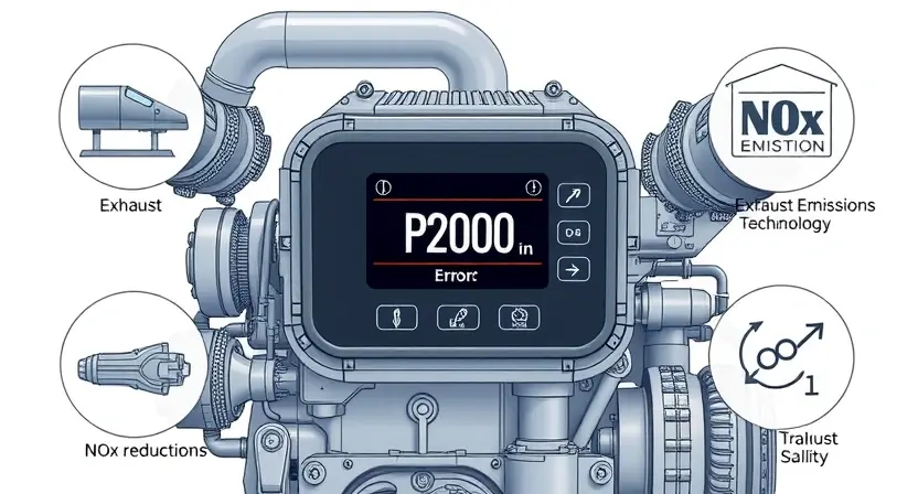 A high-quality technical illustration showing a modern diesel engine control unit with a warning indicator for error code P2000, surrounded by subtle symbols of exhaust emissions and NOx reduction technology, clean background, detailed mechanical components, professional documentation style