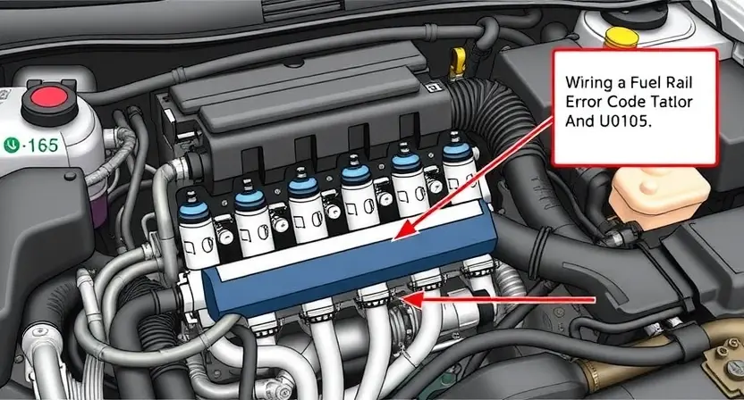 A detailed illustration of a car's engine bay, focusing on the fuel rail and injectors. Highlight the wiring harness connected to the fuel rail and a diagnostic tool displaying an error code (U0105). The engine should be clean and well-lit, emphasizing the components related to fuel delivery.