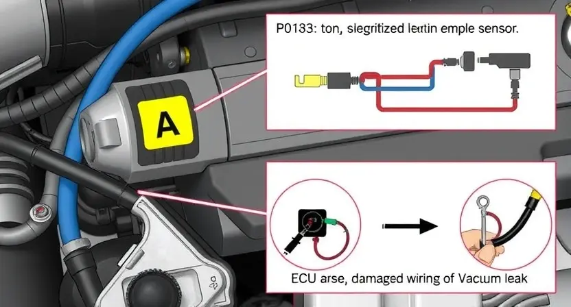 A detailed illustration of an engine control unit (ECU) with a highlighted sensor labeled 'A'. Show the sensor connected to the engine's exhaust system and the wiring diagram illustrating the data flow. Include visual representations of the potential causes of the P0183 error, such as a faulty sensor, damaged wiring, or a vacuum leak.