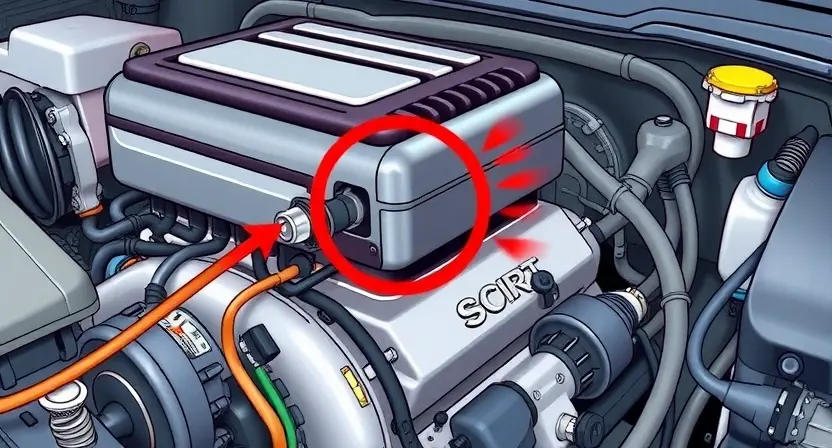 A detailed illustration of a car engine with a focus on the coolant temperature sensor and its connection to the engine control unit (ECU). Highlight the sensor's location and wiring. Include visual cues representing overheating, such as subtle heat waves or a slightly red tint around the sensor. The background should be a clean, technical environment, like a workshop.