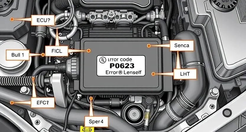 A detailed illustration of an automotive engine control unit (ECU) with various sensors and wiring, highlighting the P0623 error code. The ECU should be depicted in a realistic, technical style, with clear labels for key components.