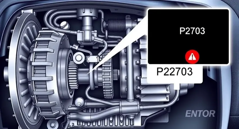 A detailed illustration of a car's automatic transmission with a highlighted P2703 error code displayed on a dashboard. The transmission components should be clearly visible, showcasing gears, shafts, and hydraulic lines. The dashboard should show the error code prominently.