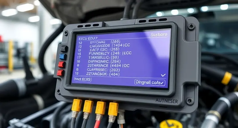 A close-up, detailed illustration of an engine control unit (ECU) with highlighted sensor connections and diagnostic codes displayed on a screen. The background should be a clean, modern automotive workshop environment. Focus on the technical aspects of the ECU and its connection to the vehicle's systems.