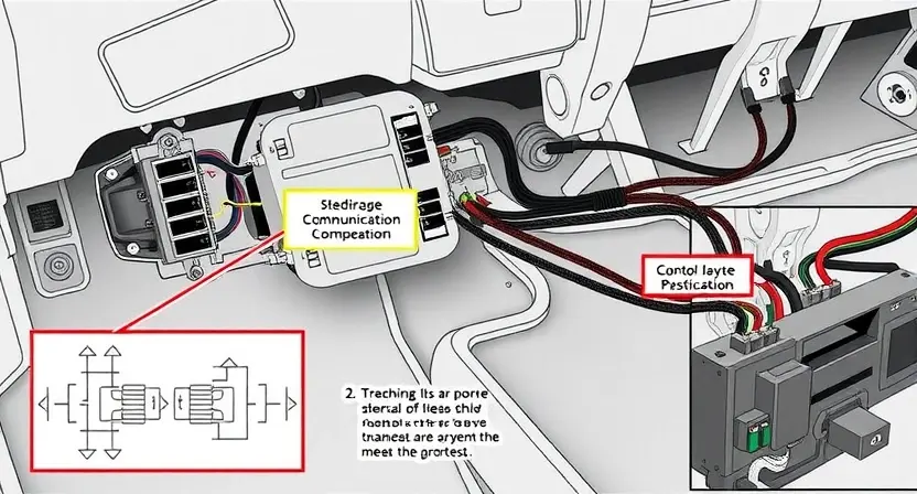 A detailed technical illustration of a vehicle's steering control module and wiring harness showing a loss of communication fault, with highlighted connectors, diagnostic tools, and schematic diagrams, clean technical drawing style