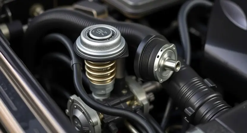 A close-up of a car engine bay, focusing on the engine temperature sensor and thermostat housing. The engine should be clean and well-lit. Include visible hoses and wiring connected to the thermostat. The background should be slightly blurred to emphasize the engine components.