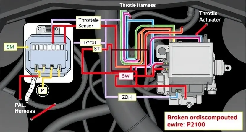 A detailed diagram of an automotive engine control system, specifically highlighting the throttle actuator control circuit. Show the wiring harness, the throttle position sensor, the engine control unit (ECU), and the throttle actuator. Use clear color-coding to differentiate the wires and components. The diagram should illustrate a broken or disconnected wire in the circuit, indicating the cause of the P2100 error. Focus on the electrical connections and components involved in throttle control.