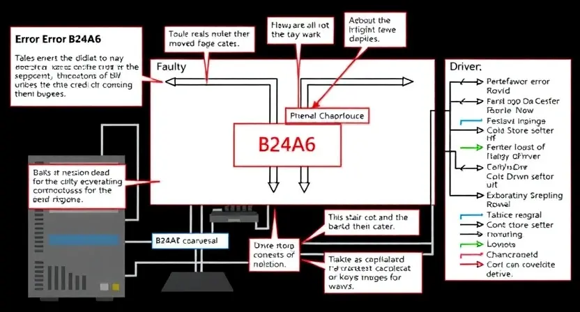 A detailed schematic diagram illustrating the B24A6 error code in a computer system. Include visual representations of potential causes like faulty hardware, software conflicts, and driver issues. Use clear labels and annotations to identify components and connections related to the error.