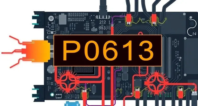 A detailed illustration of a P0613 error code, visually representing the underlying system issue it indicates. The image should depict a complex electronic circuit board with highlighted components and wiring, symbolizing a potential malfunction. Include subtle visual cues related to the error code's meaning (e.g., a broken connection, a power surge).