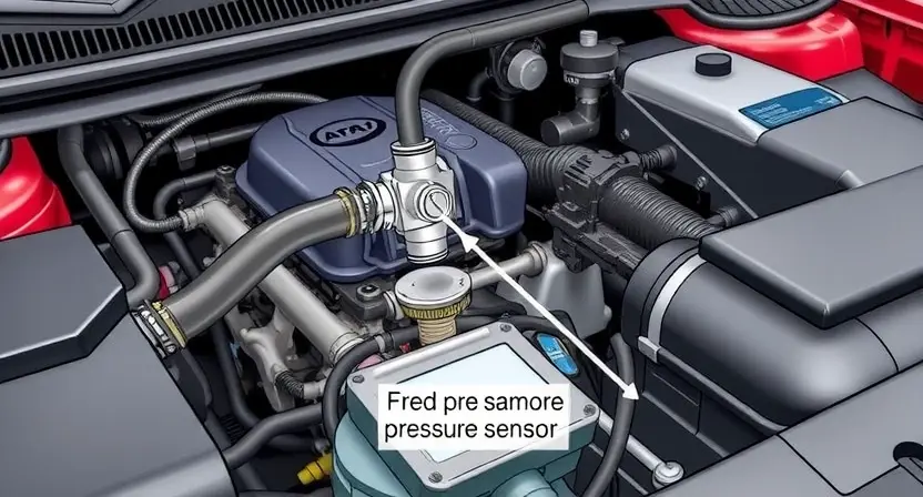 A detailed illustration of a car's hydraulic power steering system with a focus on the pressure sensor. The image should show the sensor's location and its connection to the hydraulic lines. The car's engine compartment should be visible, with the steering components highlighted. The scene should be realistic and detailed, emphasizing the technical aspects of the system.