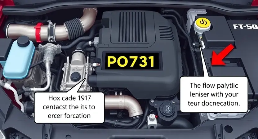 A detailed illustration of a car engine with the P0731 error code highlighted. The engine should be realistically rendered, showing various components like the exhaust manifold, catalytic converter, and engine block. The P0731 code should be displayed prominently on a digital dashboard or screen within the engine bay, with accompanying text explaining the code's meaning.