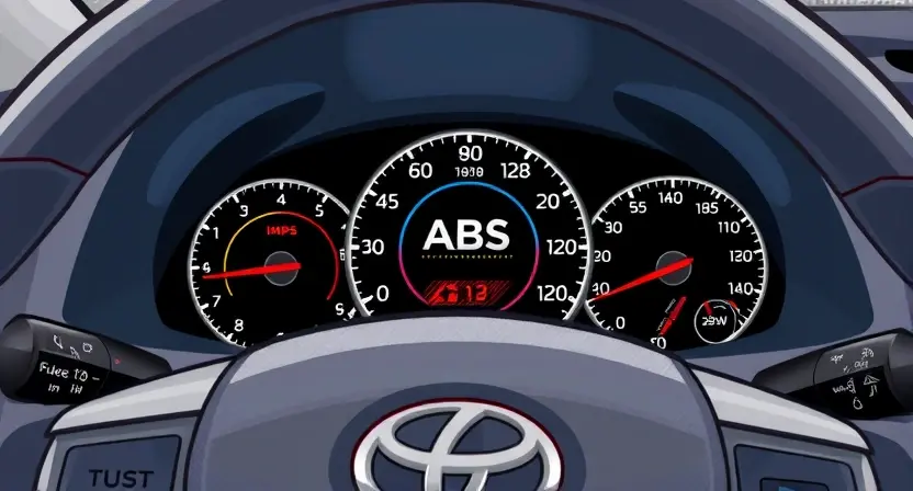 A detailed illustration of a Toyota or Lexus vehicle's dashboard, highlighting the ABS warning light. The image should clearly show the dashboard layout, with the ABS light prominently displayed. Focus on the car interior, emphasizing the instrument panel and surrounding details.