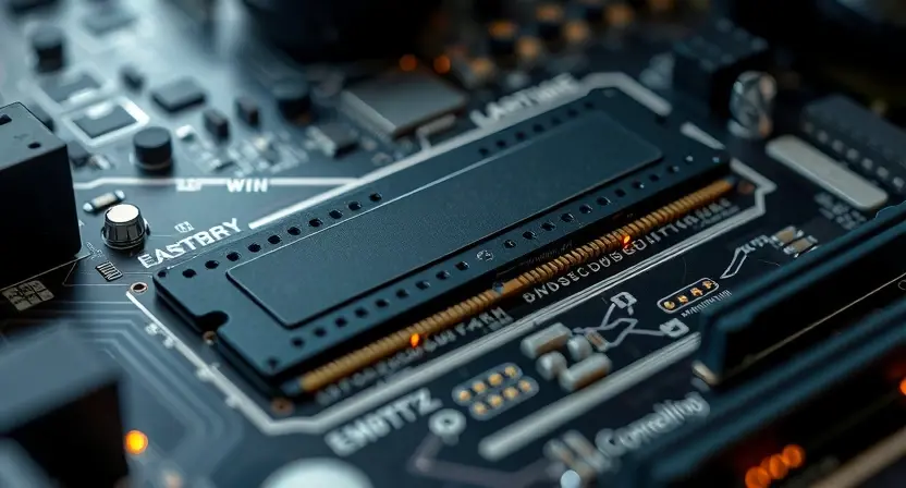 A close-up, detailed illustration of a computer motherboard with a highlighted memory module. The memory module should be clearly visible, with subtle glowing effects indicating data transfer. Focus on the intricate circuitry and components surrounding the memory. The background should be blurred, emphasizing the memory module as the central element.