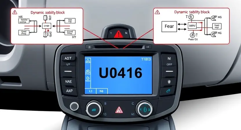 A high-quality technical illustration showing a car engine control unit with a warning indicator for error code U0416, surrounded by schematic diagrams of a dynamic stability block, clean white background, professional automotive repair documentation style