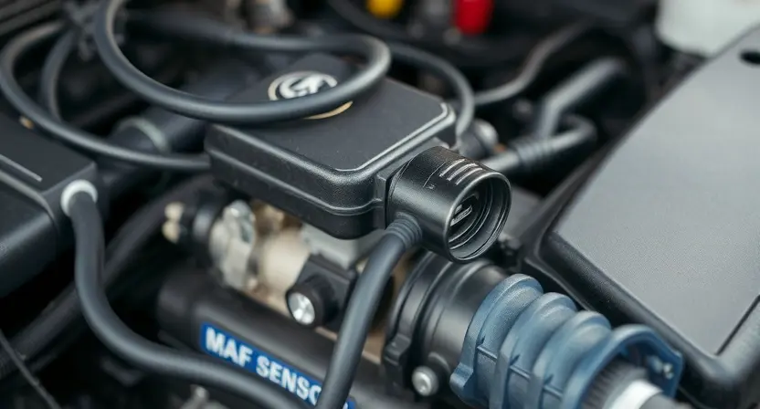A close-up, detailed image of a car's engine bay. Focus on the mass airflow sensor (MAF sensor) and its surrounding components. The engine should appear clean and well-maintained. Use bright, even lighting to highlight the sensor's details.
