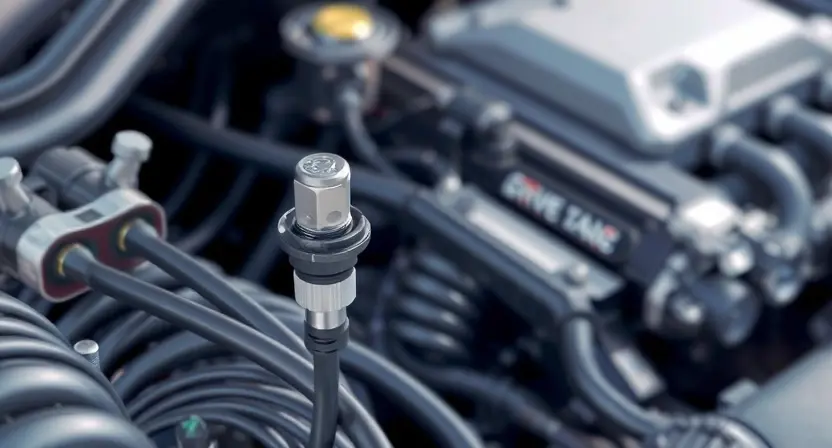 A close-up, detailed illustration of an engine bay with a focus on the coolant temperature sensor and its wiring. The sensor should be clearly visible, along with the wiring harness connected to it. Highlight a broken or disconnected wire to represent the cause of the P0113 error. The engine should be clean and well-maintained, suggesting a diagnostic scenario.