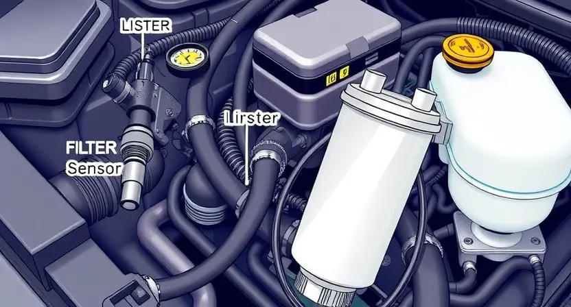 A detailed illustration of a car engine bay, focusing on the fuel system components. Show a fuel injector, fuel pump, fuel filter, and a sensor connected to the fuel system. The sensor should be visually distinct and indicate a low signal. Include wiring and hoses connecting the components. The overall scene should be realistic and well-lit, highlighting the technical details.