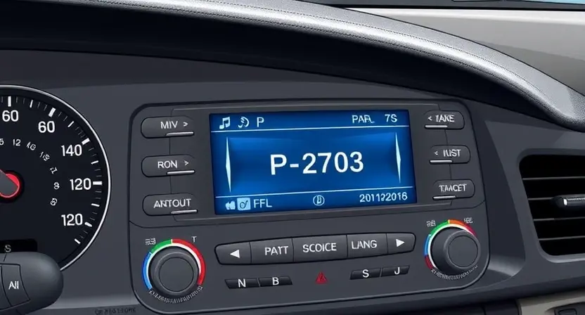 A detailed illustration of an automatic transmission control panel with a prominent error message 'P2703' displayed on a digital screen. The panel should show various gauges, indicators, and buttons related to vehicle operation. The background should be a slightly blurred view of a car dashboard.