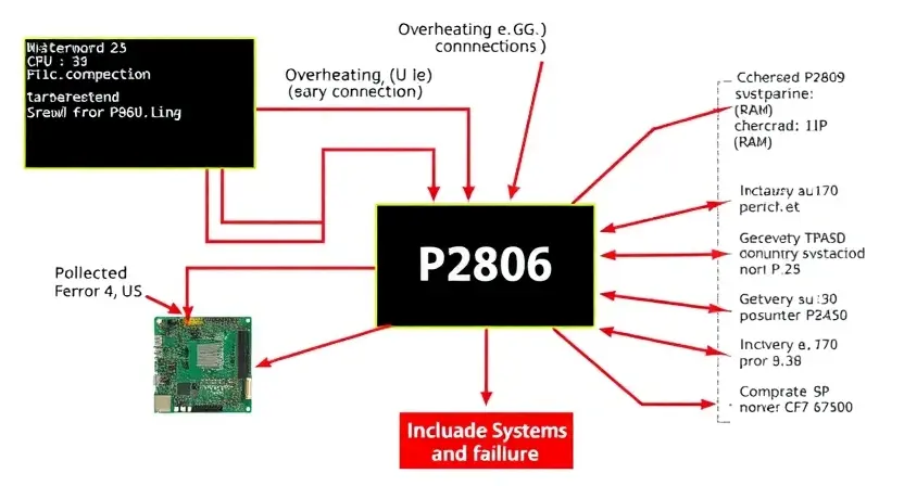 A detailed schematic diagram illustrating a P2806 error code, with visual representations of the affected system components (e.g., motherboard, CPU, RAM) and potential causes (e.g., overheating, faulty connection). Include arrows indicating data flow and potential points of failure.