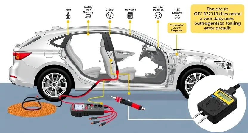 A detailed illustration of a modern car's electrical system, highlighting the circuit related to the electric drive. Show the diagnostic tools and equipment used to identify the B2210 error code, such as a multimeter, diagnostic scanner, and wiring diagrams. Include a close-up of the specific components involved in the error, like connectors, relays, and sensors.