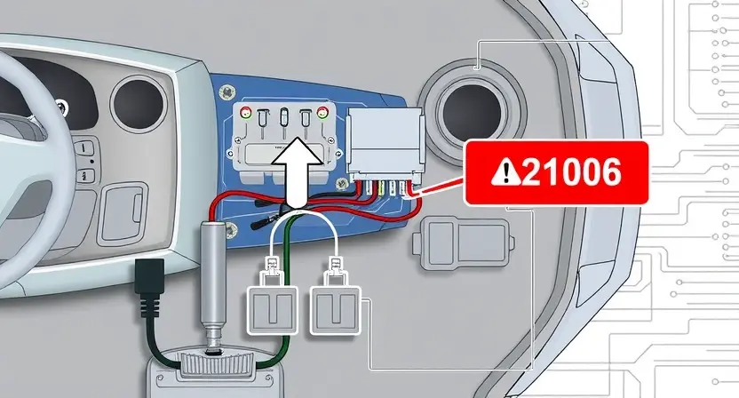 A detailed technical illustration of a car's keyless entry system antenna circuit, showing wiring, connectors, and a highlighted fault point labeled 'B2106' with a warning symbol, set against a clean automotive engineering background with schematic-style lines and subtle circuit traces, no text or labels visible except the fault code 'B2106' as part of the diagram