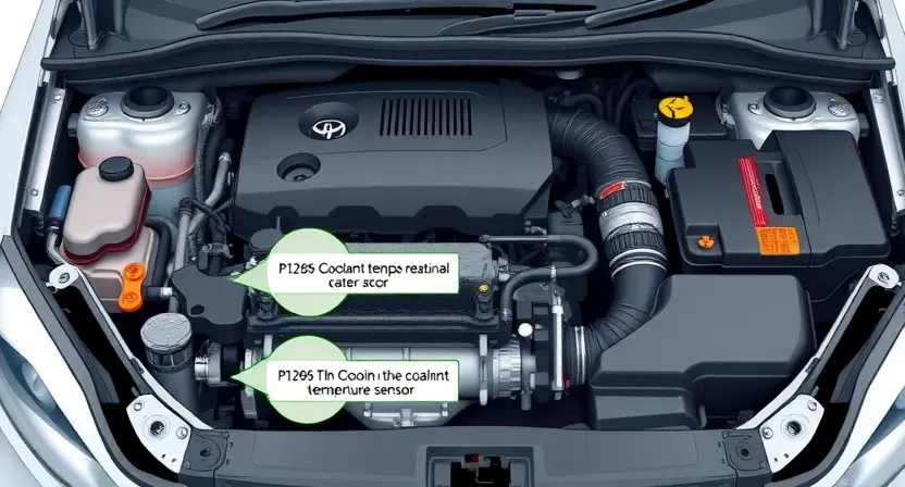 A detailed illustration of a car engine bay with a focus on the cooling system components. Show the radiator, coolant hoses, thermostat housing, water pump, and engine block. Highlight the area where the P1296 error might be related (e.g., near the coolant temperature sensor). The engine should be clean and well-lit, showcasing the complexity of the system.