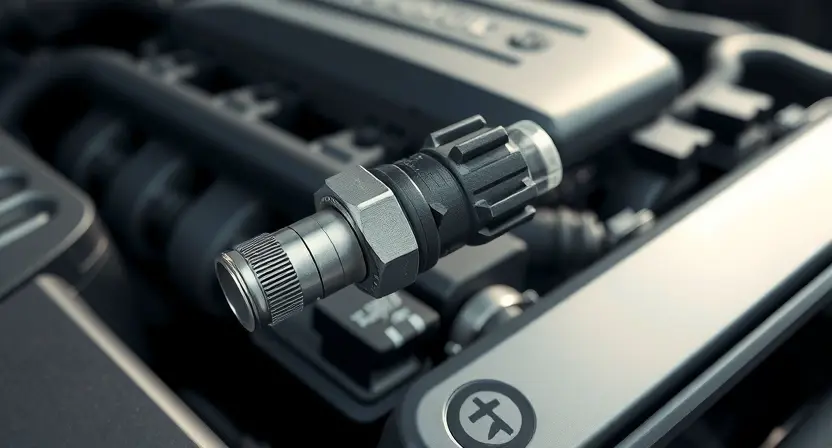 A close-up, detailed illustration of an engine coolant temperature sensor in a car engine bay. The sensor should be clearly visible, with surrounding engine components subtly blurred in the background. Focus on the sensor's physical form and connections. The overall lighting should be bright and clean, highlighting the sensor's details. The image should convey a sense of technical precision and clarity.