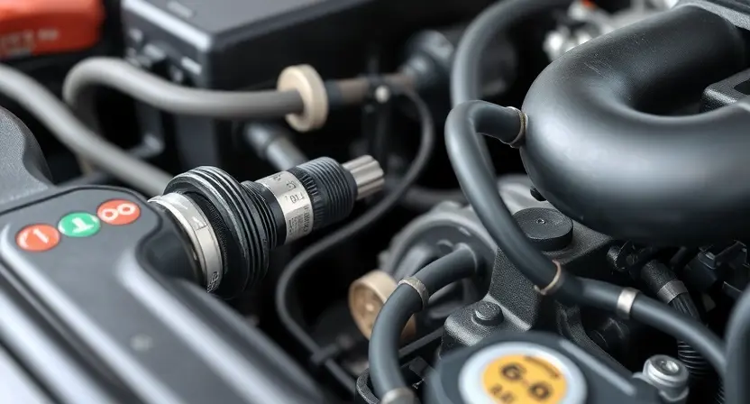 A close-up, detailed image of a car engine bay with a focus on the engine coolant temperature sensor. The sensor should be clearly visible, along with surrounding hoses and components. The overall lighting should be bright and clean, highlighting the mechanical details.