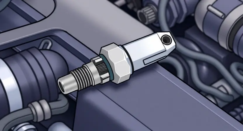 A close-up illustration of an engine temperature sensor, highlighting its connection to the engine block. The background should subtly show engine components like hoses and wires, but the focus is on the sensor itself. The image should convey a sense of technical detail and precision.