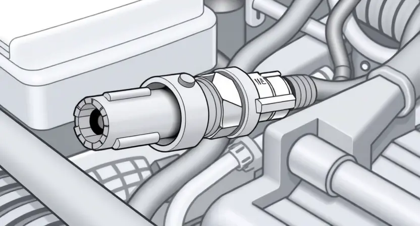 A close-up illustration of a car's oxygen sensor and wiring harness. The sensor should be clearly visible, with wires connecting to it. The background should subtly suggest an engine compartment. Focus on the sensor's physical components and the electrical connections.
