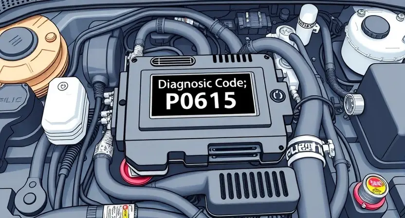A detailed illustration of a car's engine control unit (ECU) with a diagnostic code P0615 highlighted. The ECU should be surrounded by various automotive components like sensors, wiring, and hoses. The background should be a clean, technical environment.