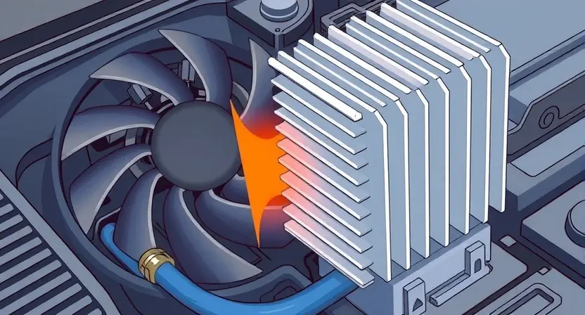 A close-up, detailed illustration of an automotive engine control unit (ECU) or inverter module. The focus should be on the cooling system components – a fan, heat sink, and possibly coolant lines. The image should convey a sense of heat and potential overheating, perhaps with subtle visual cues like a slightly hazy or glowing effect around the heat sink. The overall aesthetic should be clean and technical, suitable for an informational diagram.