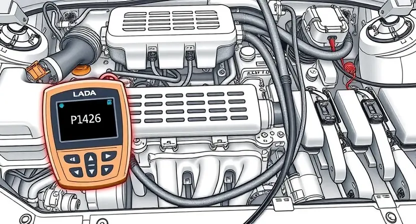 A detailed technical illustration of a Lada car engine compartment showing a diagnostic scanner connected to the vehicle's onboard computer, highlighting the P1426 error code on a digital display, with clear labels indicating fuel injection system components and wiring harnesses, rendered in high-quality technical drawing style
