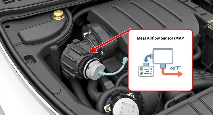 A detailed illustration of a car's engine bay, highlighting the Mass Airflow Sensor (MAP sensor). The MAP sensor should be clearly visible, with arrows indicating the airflow direction. Include a simplified diagram showing the sensor's connection to the engine control unit (ECU) and the flow of air data. The overall image should convey technical accuracy and clarity, suitable for an automotive repair guide. Focus on the sensor's physical appearance and its role in measuring manifold absolute pre