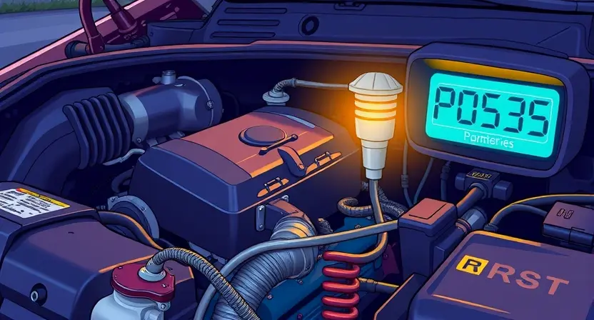 A detailed illustration of a car's engine bay with a diagnostic code light illuminated. Focus on the engine components, wiring, and the dashboard displaying the P0535 code. The image should convey a sense of technical detail and automotive repair.