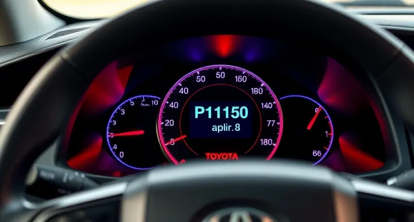A close-up shot of a Toyota car's dashboard, specifically highlighting the instrument cluster and warning lights. The focus should be on a P1150 error code illuminated on the display. The car should be clean and modern-looking.