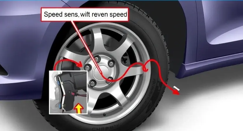 A detailed illustration of a car's front left wheel area showing the speed sensor and its wiring, with visual cues indicating a malfunction such as a flickering warning icon or a broken wire, set against a realistic automotive background without any textual labels