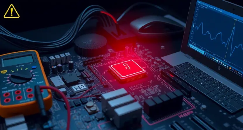 A detailed illustration of a computer motherboard with a highlighted faulty component emitting a subtle red glow, surrounded by diagnostic tools such as a multimeter and a laptop screen showing a waveform, with a faint abstract warning symbol, rendered in realistic high‑detail style