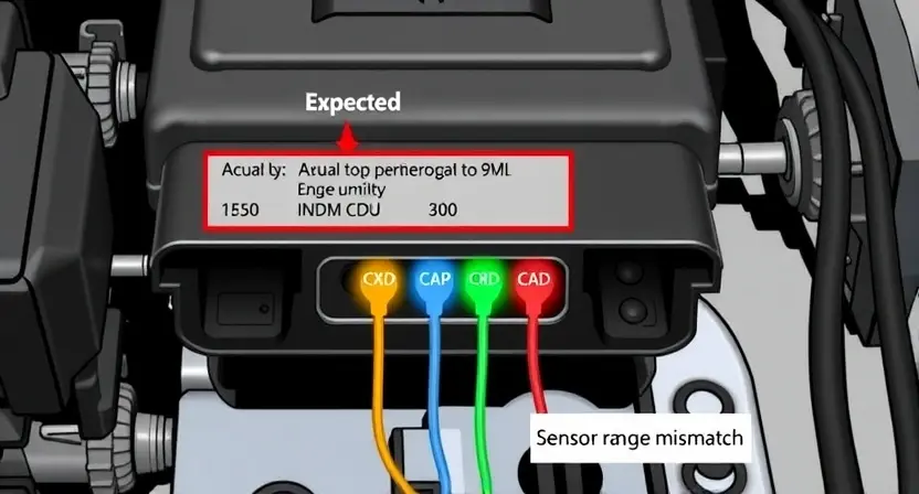 A close-up, detailed illustration of an engine control unit (ECU) with highlighted sensor connections. The image should visually represent the concept of a sensor range mismatch. Use color coding to differentiate between expected and actual sensor readings. Focus on the physical components and wiring, emphasizing the connection points. The background should be a clean, neutral color to avoid distractions.