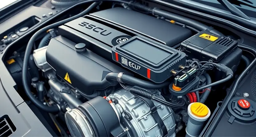 A close-up, detailed illustration of a car engine bay. Focus on the engine control unit (ECU) and related sensors. Highlight the wiring harness and connections. The overall image should convey a sense of technical complexity and precision. The engine should appear clean and well-maintained. The background should be slightly blurred to emphasize the engine components.