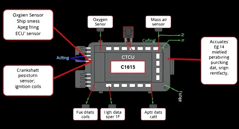 A detailed diagram illustrating a car's engine control unit (ECU) and its connection to various sensors (e.g., oxygen sensor, mass airflow sensor, crankshaft position sensor) and actuators (e.g., fuel injectors, ignition coils). Highlight the data flow and the ECU's processing of sensor data to determine engine parameters. Focus on the visual representation of the diagnostic trouble code (DTC) C1615 within the ECU's internal system.