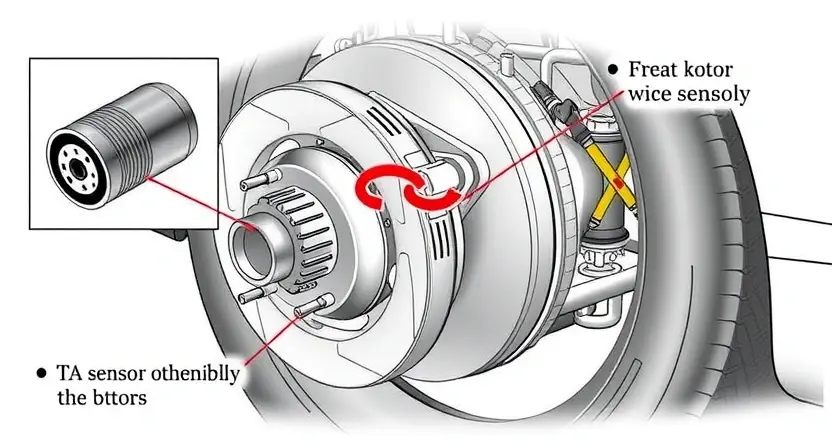 A detailed illustration of a car's front right wheel hub assembly, highlighting the position of the speed sensor. Show the sensor itself, its wiring connection, and the surrounding components like the brake rotor and suspension parts. Focus on the sensor's physical appearance and its integration within the wheel assembly.