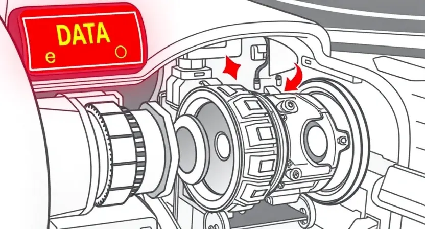A high-quality technical illustration showing a car's transmission system with a glowing warning light on the dashboard indicating a data transmission error, clean lines, technical accuracy, no text or numbers on the image, professional automotive engineering style