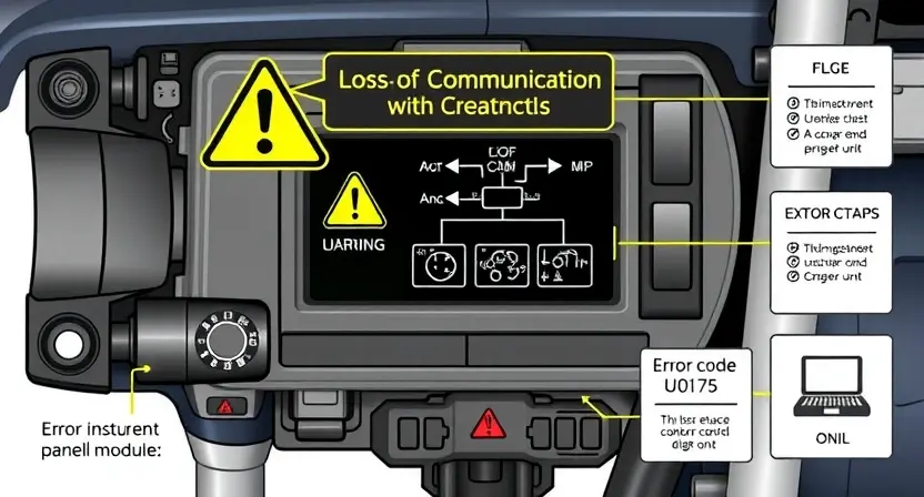 A detailed technical illustration of an automotive electronic control unit with a warning sign indicating loss of communication with the instrument panel module, showing circuit diagrams, error code U0155, and diagnostic tools, rendered in high-quality technical diagram style