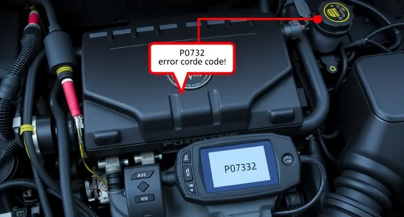 A detailed illustration of a car's engine control unit (ECU) with various diagnostic tools connected, highlighting the P0732 error code indicator. Focus on the electronic components and wiring.
