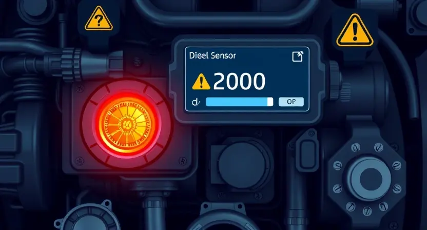 A high-quality technical illustration showing a modern diesel engine with a glowing NOx sensor warning light, digital diagnostic screen displaying error code P2000, and subtle exhaust emissions with a stylized warning triangle, all rendered in a clean, professional automotive repair style