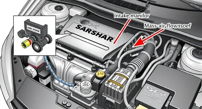 A detailed diagram illustrating a car's engine with a focus on the mass airflow sensor (MAF). Arrows should point to the sensor and related components like the intake manifold and engine control unit (ECU). The diagram should highlight the airflow path and the sensor's role in measuring air entering the engine. Use clear, technical illustrations to depict the parts.