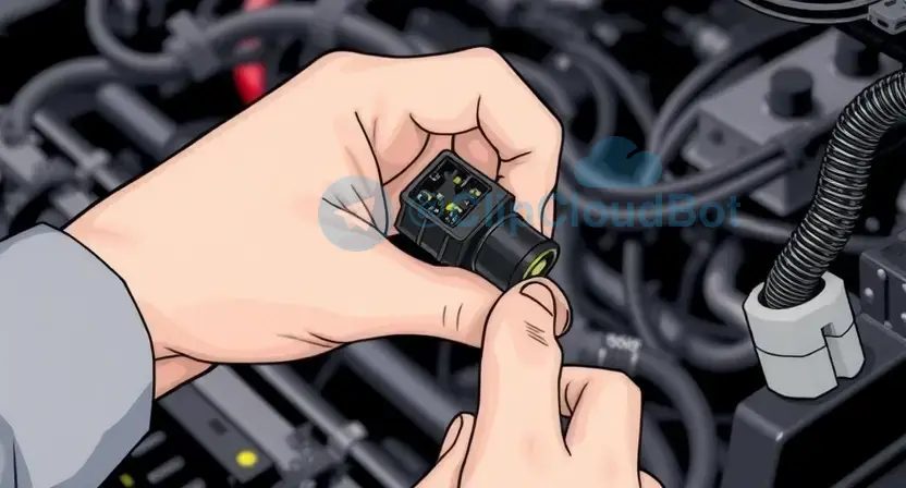 A close-up illustration of a car's throttle position sensor (TPS) being inspected. The image should clearly show the sensor itself, its wiring harness, and a mechanic's hand gently checking the connections. Focus on the sensor's physical components and the surrounding wiring. The background should be a slightly blurred automotive repair shop environment.