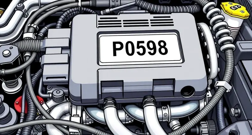 A detailed illustration of a car's engine control unit (ECU) with a highlighted P0598 error code displayed on a diagnostic screen. The ECU should be surrounded by various automotive components like sensors, wiring, and hoses. Focus on clarity and technical accuracy.