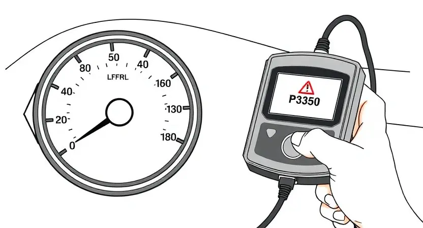 A high-quality technical illustration showing an electronic accelerator pedal with a diagnostic OBD-II scanner connected to it, displaying error code P3350 on the scanner screen, clean technical drawing style, precise details, no text or numbers on the image, suitable for automotive repair documentation